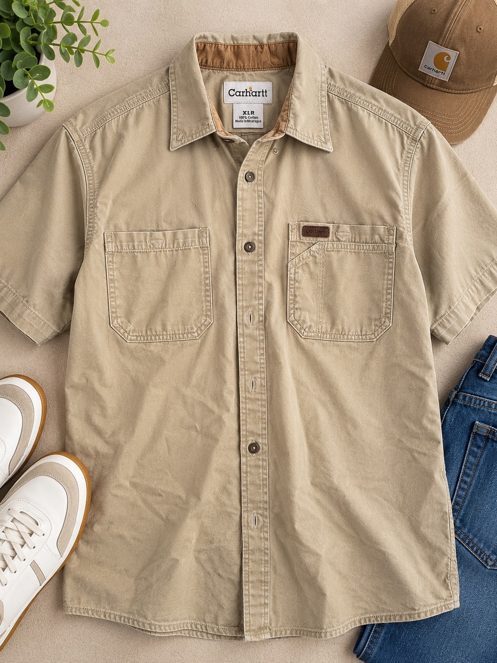 Carhartt Men’s XLR Khaki Short Sleeve Work Shirt 100% Cotton